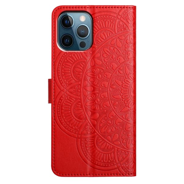 iPhone 16 Pro Max Blomsterpräglat Läderfodral - Elegant Skal för iPhone 16 Pro Max Röd