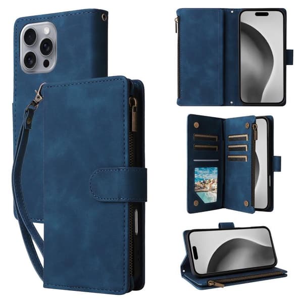 iPhone 16 Pro Max Multifunktionell Multi-Kort Wallet Skal Läder Fodral Blå
