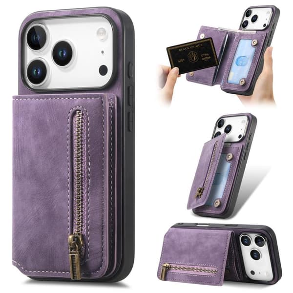iPhone 18 Pro / iPhone 17 Pro Retro Läder Zipper Skal Purpur