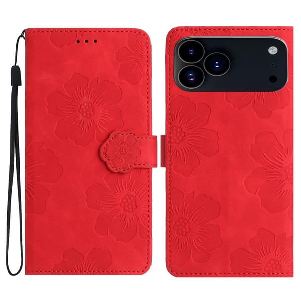 iPhone 18 Pro / iPhone 17 Pro Skal läderfodral med blommönster Röd