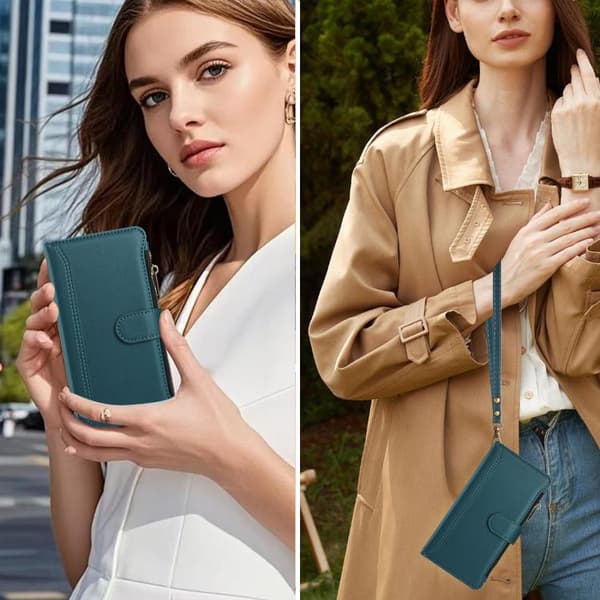iPhone 18 Pro Max / iPhone 17 Pro Max Skal - Läder med Magnetstängning, 9 Kortfack och Handrem Mörkgrön