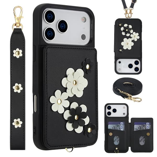 iPhone 17 Pro Skal Läderfodral med Blommönster Svart