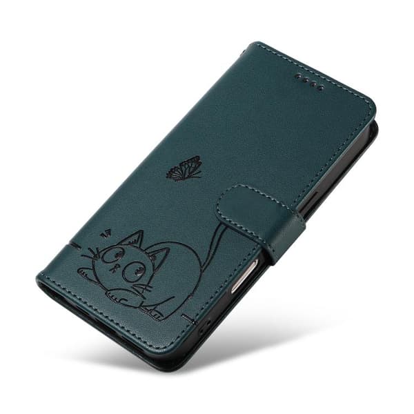 Redmi A5 4G - Flip Läderfodral med Embossed Kattmönster Mörkgrön