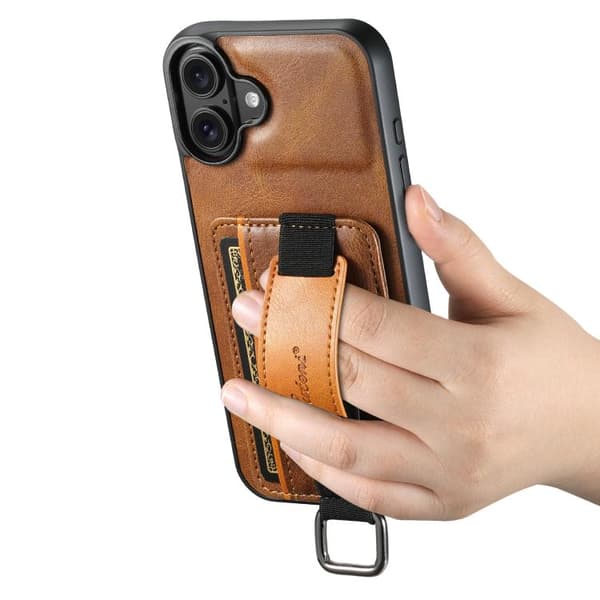iPhone 17 Skal med Kortplånbok och Handledsrem - PU Brun