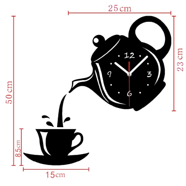 Kreativ DIY Akryl Kaffe Kopp Te Kanna 3D Väggklocka Dekorativa Kök Väggklockor Vardagsrum Matsal Heminredning Klocka(Svart)