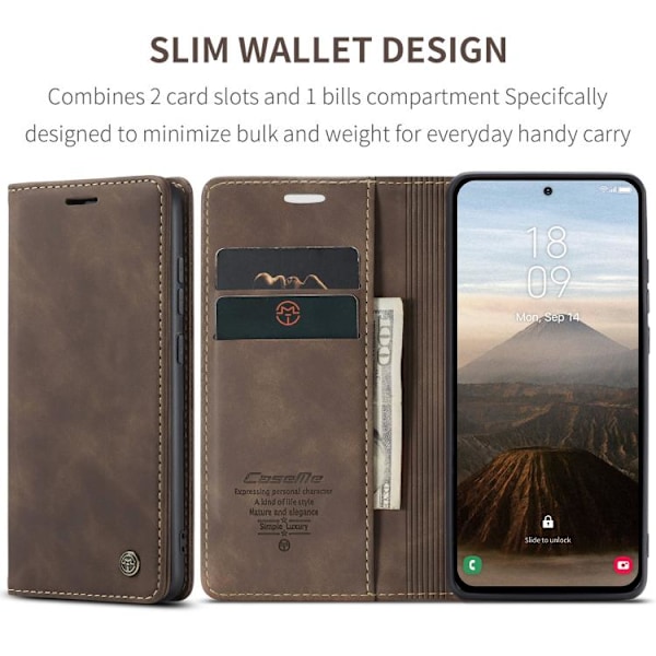 Samsung Galaxy S25 5G Skal CaseMe 013 Multifunktionell Horisontell Flip Läder Kaffe