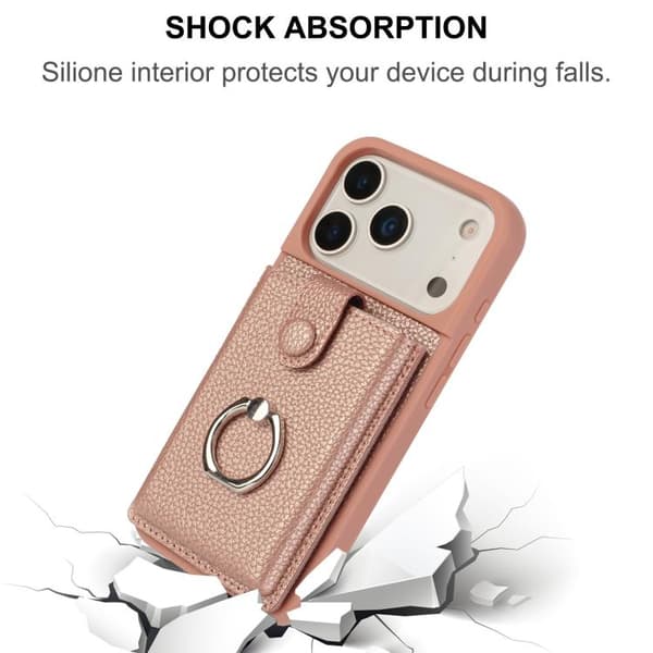 iPhone 18 Pro / iPhone 17 Pro Skal med Litchi-textur och Ringhållare Roséguld