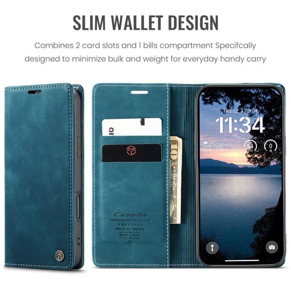 iPhone 17 Pro Skal Läderfodral Multifunktionell Horisontell Flip Blå