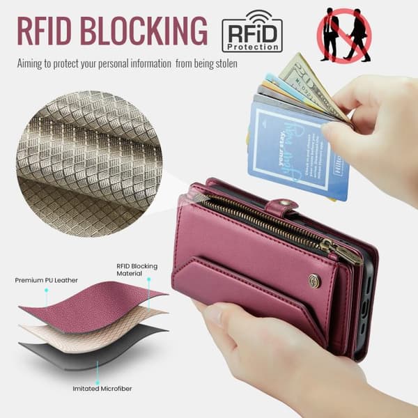 iPhone 18 Pro Max / iPhone 17 Pro Max Skal läderfodral med kortfack, dragkedja och RFID-skydd Röd