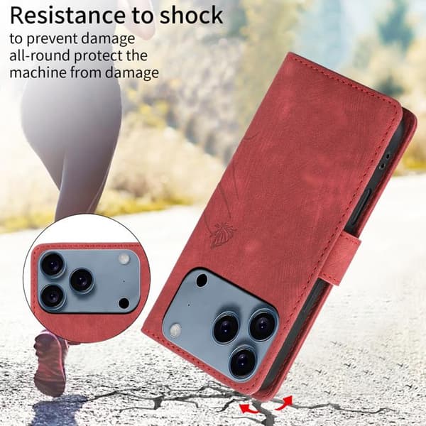 iPhone 17 Pro Max Skal Läderfodral med Orkidéfjäril Prägling Röd