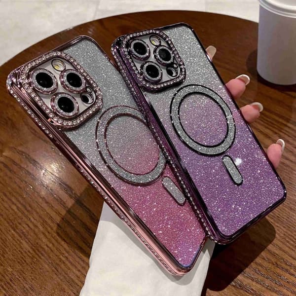 iPhone 16 Pro Diamond Gradient Glitter Pläterad MagSafe Skal Blå