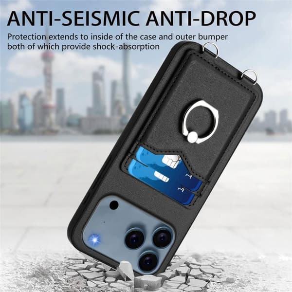 iPhone 18 Pro / iPhone 17 Pro Skal med Korsa Rep Ring och Kortfack Svart