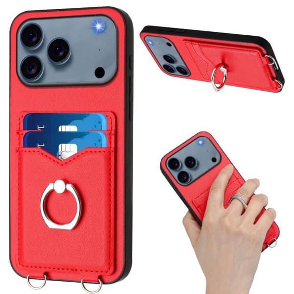 iPhone 18 Pro / iPhone 17 Pro Skal med Korsa Rep Ring och Kortfack Röd