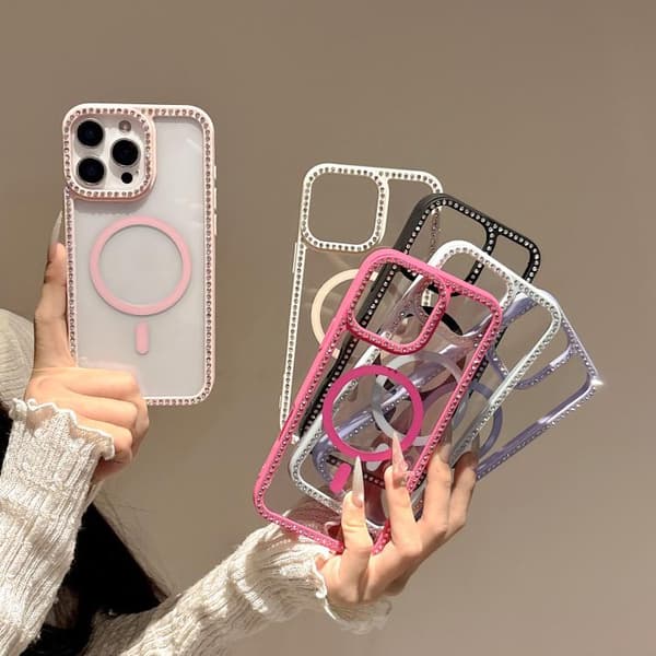 iPhone 16 Pro Rhinestone Ram med Stort Lins Hål och MagSafe - Elegant Skal Blå