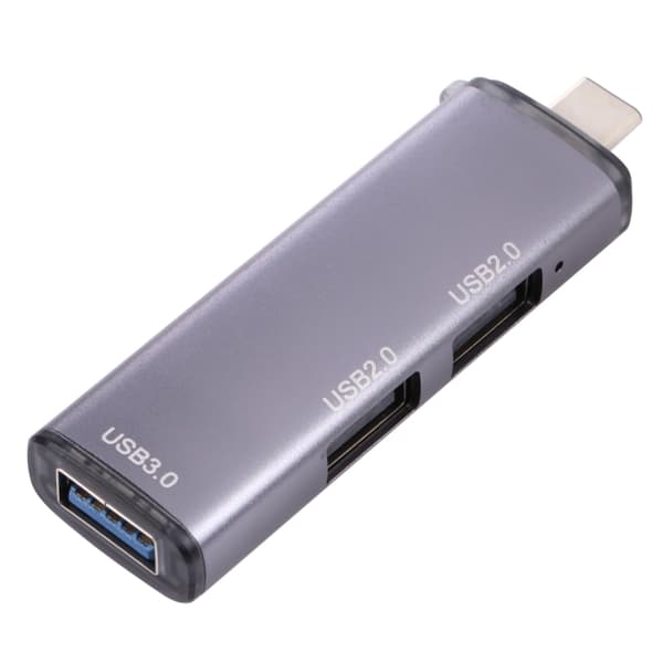 USB Hub Adapter med 3 portar (2 x USB 2.0 + USB 3.0 till USB-C) - Aluminiumlegering, Plug & Play