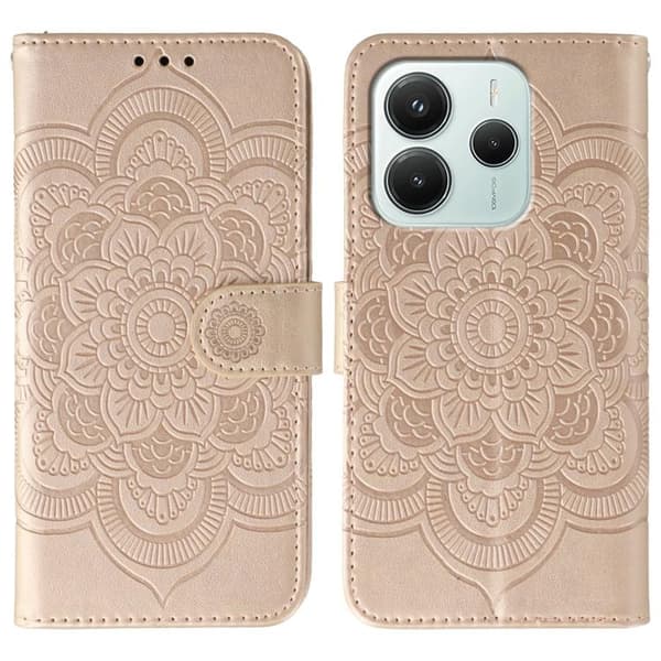 Redmi Note 14 4G - Läderfodral med Sol Mandala Prägling, Roséguld