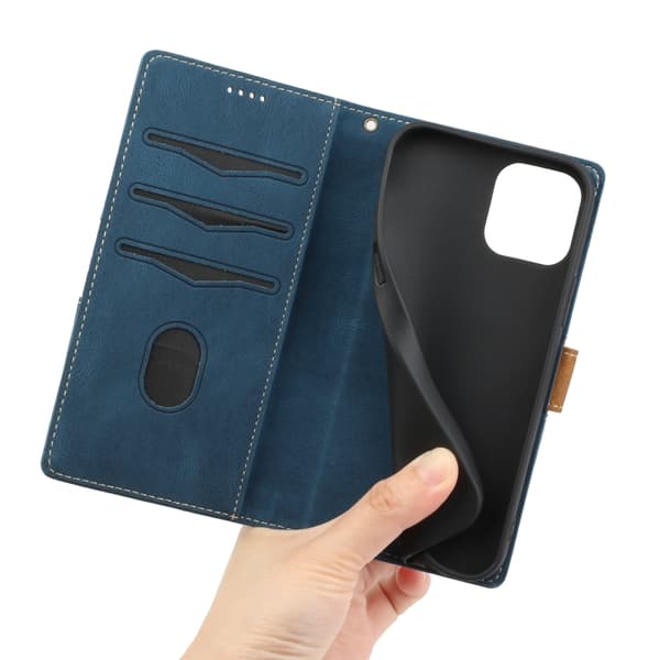 iPhone 16 Pro Skal Läder med Lanyard - Grid Stitching Design Blå
