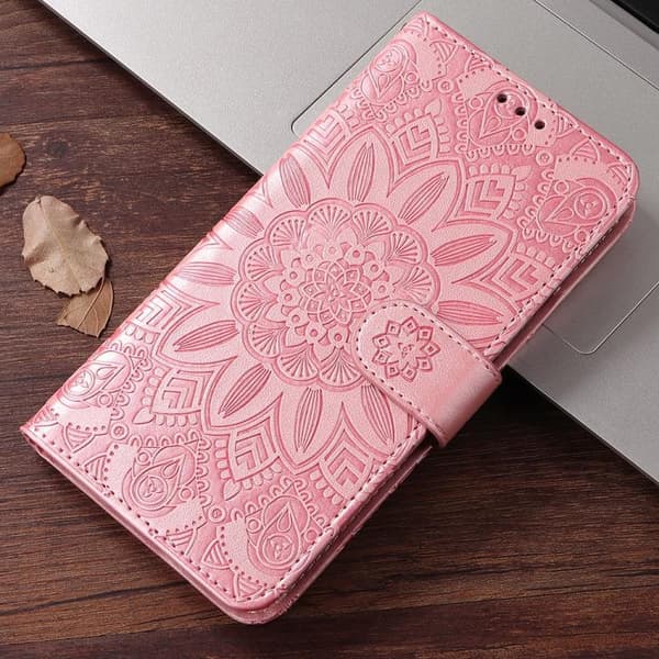 iPhone 17 Pro Max Skal läderfodral med präglad solros Rosa