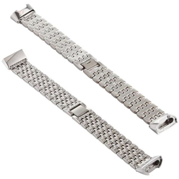 För Fitbit Charge 3 watch i rostfritt stål med diamantbeslag Silver