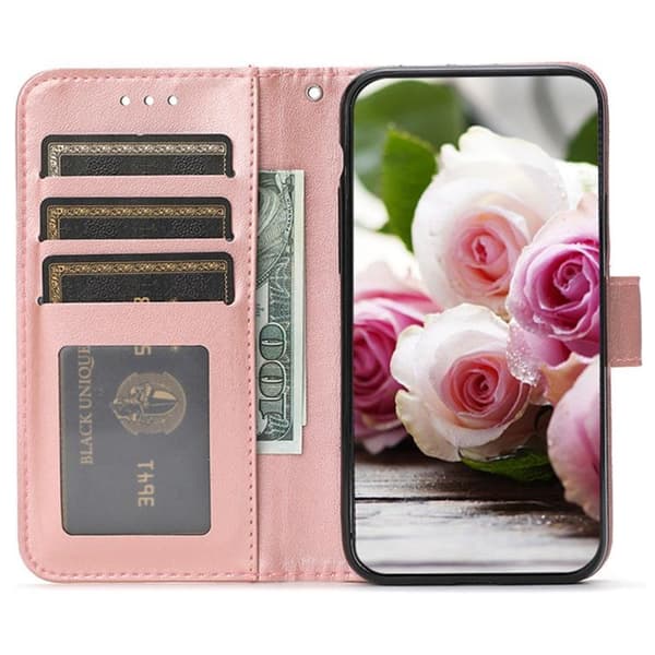 iPhone 18 Pro Max / iPhone 17 Pro Max Skal Läderfodral med Rosafärgad Fjäril Prägling Roséguld