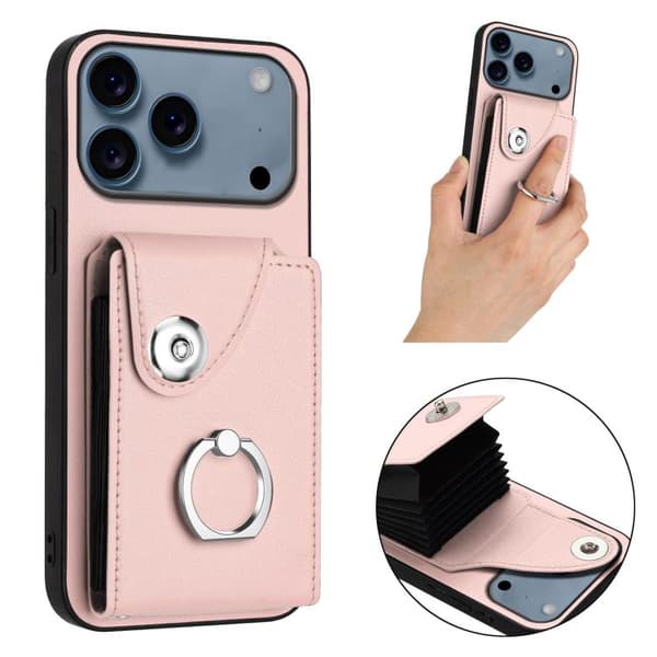 iPhone 18 Pro / iPhone 17 Pro Skal med Kortficka och Ringhållare Rosa