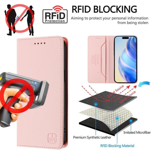 iPhone 18 Pro Max / iPhone 17 Pro Max Skal läderfodral med dubbelvikts magnetisk sug och RFID Rosa