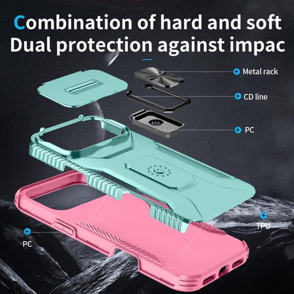 iPhone 18 Pro / iPhone 17 Pro Skal med Glidande Camshield Hållare Rosa + Grågrön