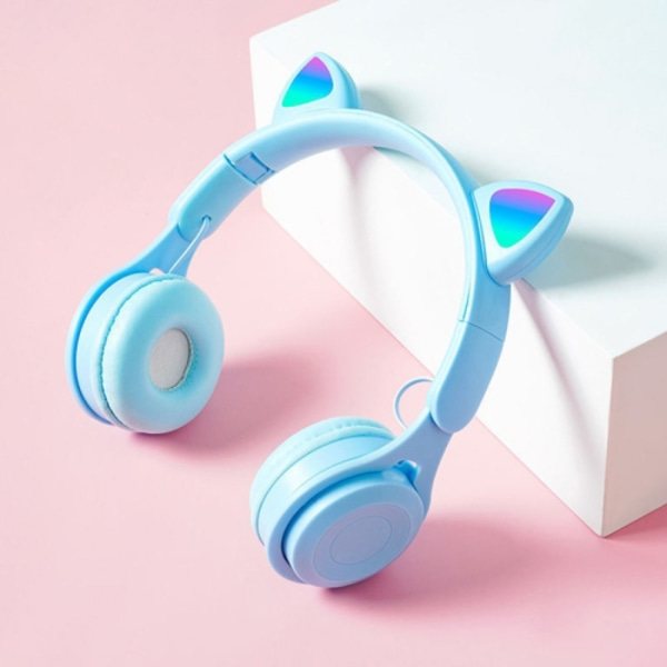 M6 Lysande Kattöron Renfärgade Fällbara Bluetooth-headset med 3,5 mm Jack & TF-kortplats Blå