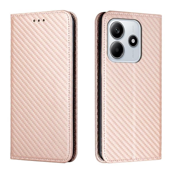 Redmi Note 14 5G - Magnetisk Flip Läderfodral med Kolfibertextur Roséguld