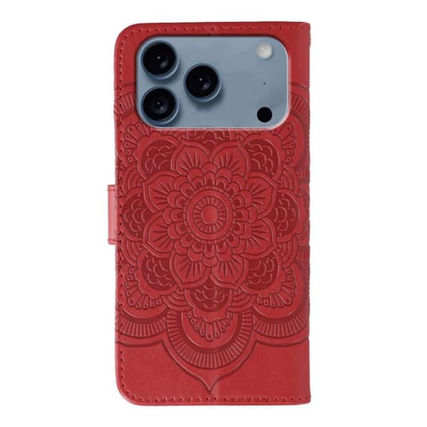 iPhone 18 Pro / iPhone 17 Pro Skal läderfodral med sol mandala präglad design Röd