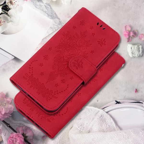 iPhone 18 Pro / iPhone 17 Pro Skal Läderfodral med Embossed Butterfly Rose Röd