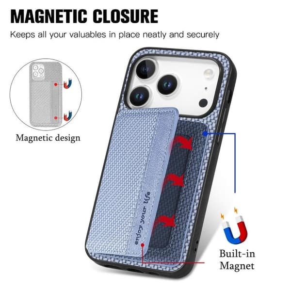 iPhone 18 Pro / iPhone 17 Pro Skal - kolfiber med magnetisk kortplånbok och RFID-skydd Blå