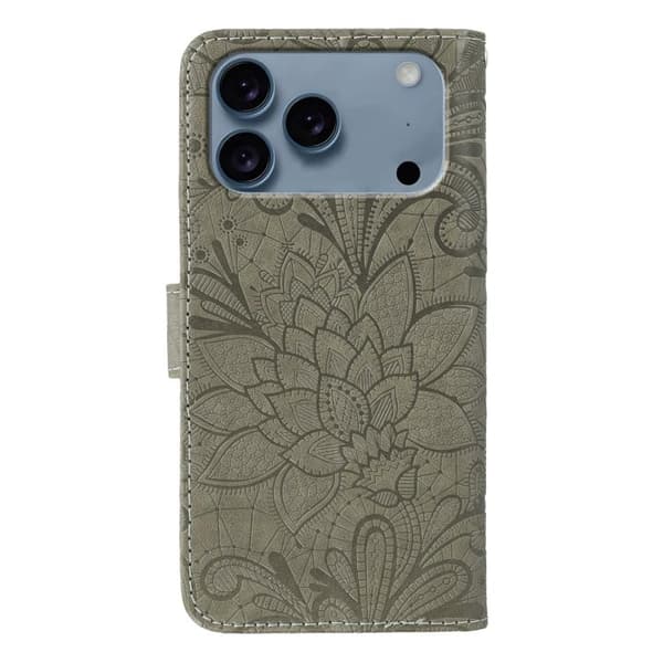 iPhone 18 Pro Max / iPhone 17 Pro Max Skal läderfodral med spetsblommor och präglad design Grå