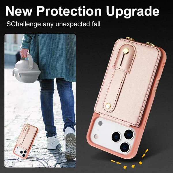iPhone 18 Pro Max / iPhone 17 Pro Max Skal med Vertikal Flip och Lång Lanyard Roséguld