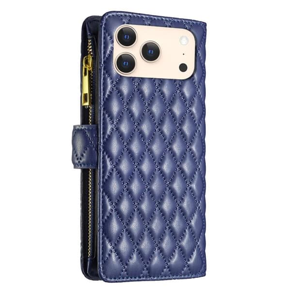 iPhone 18 Pro Max / iPhone 17 Pro Max Skal - läder med diamantgaller och dragkedja Blå
