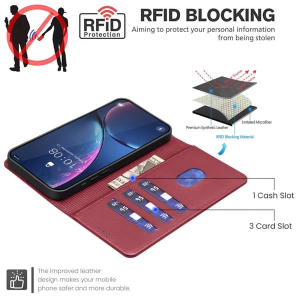Redmi K80 / K80 Pro - RFID Skyddande Läderfodral med Litchi Textur Röd