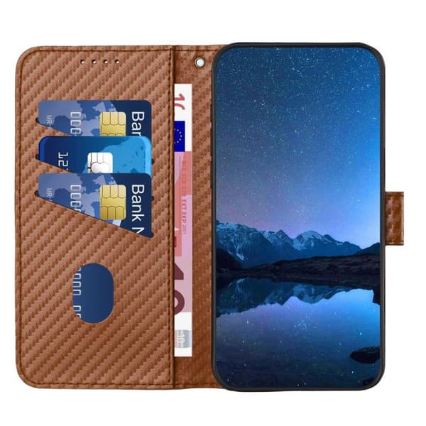 iPhone 18 Pro Max / iPhone 17 Pro Max Skal läderfodral - kolfiber med lanyard Kaffe