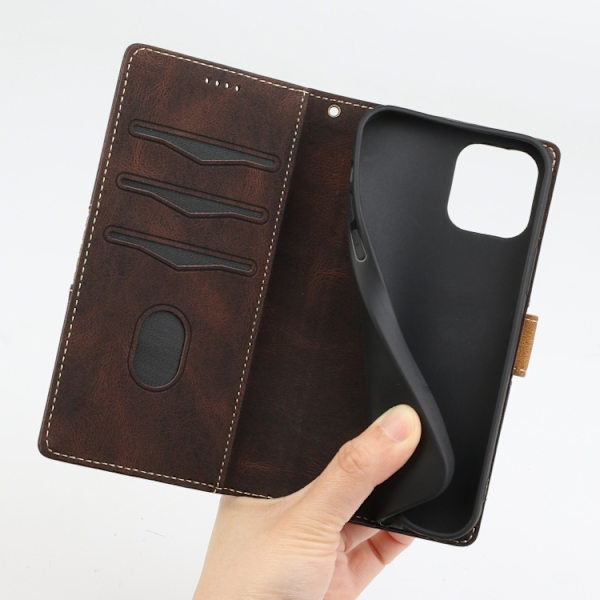 iPhone 16 Pro Max Skal Läder med Lanyard - Grid Stitching Design Brun
