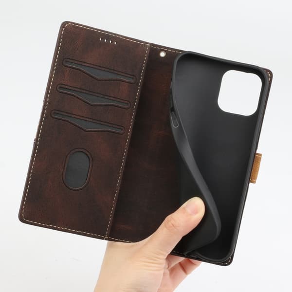 iPhone 16 Pro Skal Läder med Lanyard - Grid Stitching Design Brun