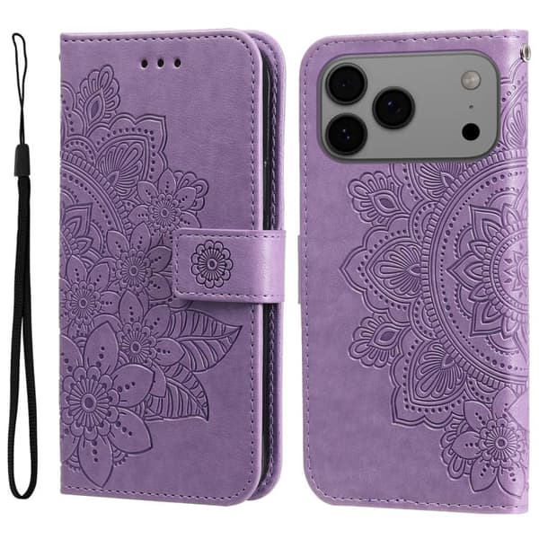 iPhone 18 Pro / iPhone 17 Pro Skal läderfodral med sju-bladiga blommor - relief Ljuslila