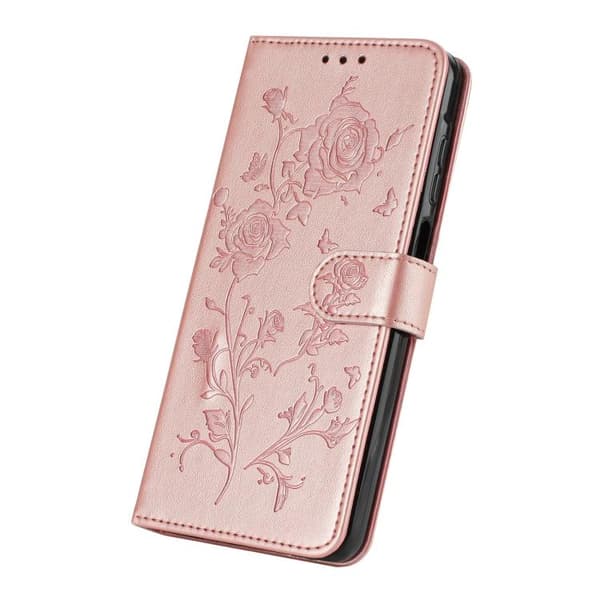 iPhone 18 Pro / iPhone 17 Pro Skal läderfodral med rosblomma präglat mönster Roséguld