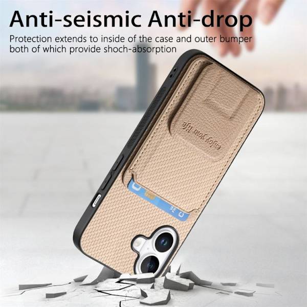 iPhone 17 Skal - Kolfiber med Kortficka och Fällbart Ställ Kaki