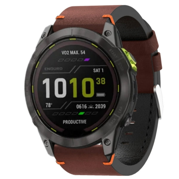 För Garmin Enduro 2 26mm lädersutur stålspänne watch Coffee