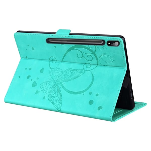Samsung Galaxy Tab S9 FE+ Kärleksfjäril Prägling Läderfodral Mintgrön