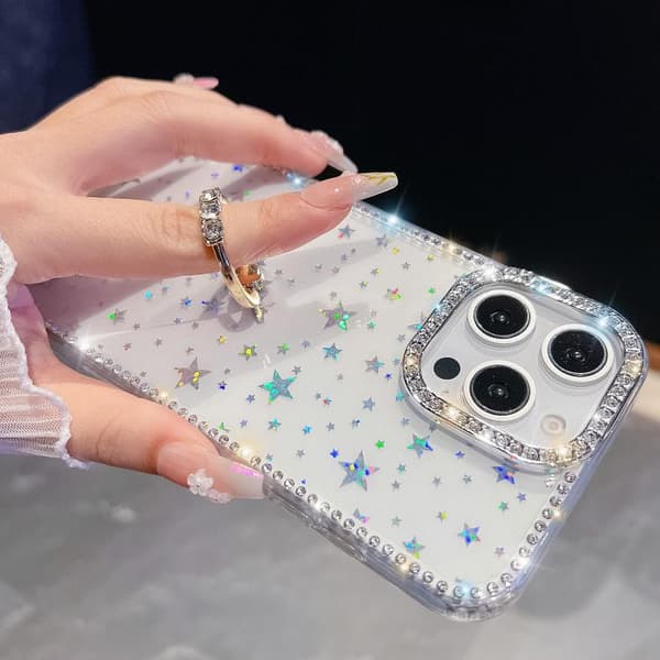 iPhone 18 Pro Max / iPhone 17 Pro Max Skal med Rhinestone Glitter och Ringhållare, Anti-fall Vit