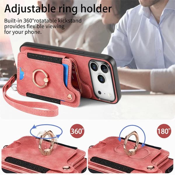 iPhone 18 Pro / iPhone 17 Pro Retro Skinnkänsla Ring Multi-kort Plånboks Skal Rosa
