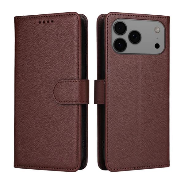 iPhone 18 Pro / iPhone 17 Pro Skal läderfodral med Litchi-textur och RFID-blockering för 3 kort Brun