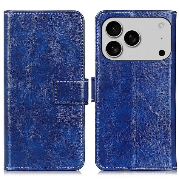 iPhone 18 Pro / iPhone 17 Pro Skal läderfodral med retro crazy horse-textur, horisontell flip Blå