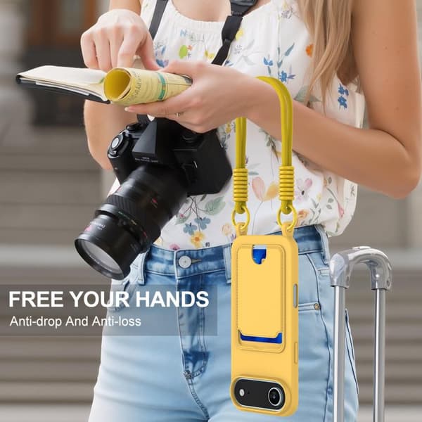 iPhone 17 Air Skal med Integrerad Kortväska - Solid Färg av Flytande Silikon med Kort Lanyard Gul