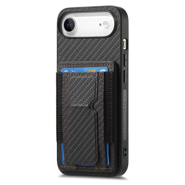iPhone 17 Air Skal - kolfiber med vikbar ställning och elastisk kortficka Svart
